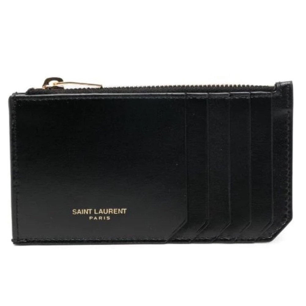 SAINT LAURENT PARIS FRAGMENTS ZIPPED CARD CASE IN SHINY LEATHER